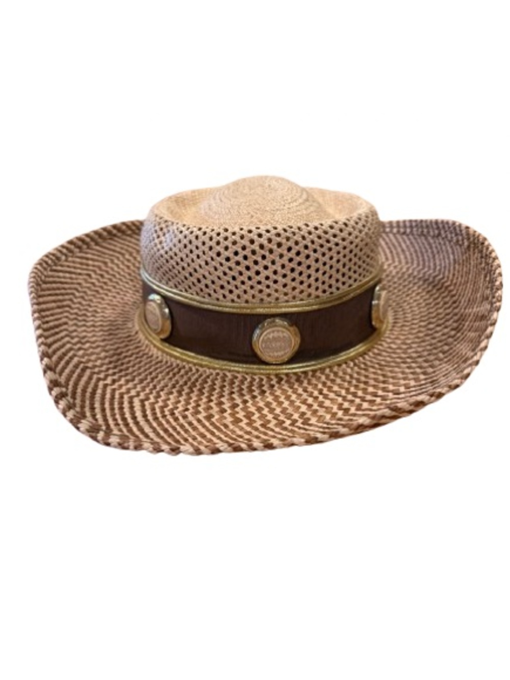 Vintage Michelle McGann by Sonni Wide Brim Woven Straw Sun Hat Brown Gold